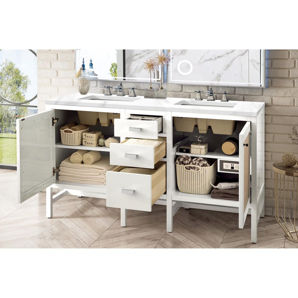James Martin Vanities Addison 60&quot; Double Bathroom Vanity in Glossy White with 3 cm Carrara White Marble Top and Rectangular Sinks, , large