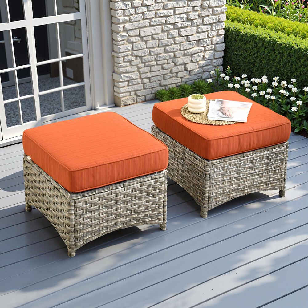 HOMLUX 2-Piece Outdoor Wicker Ottoman Set with Cushion in Orange, , large