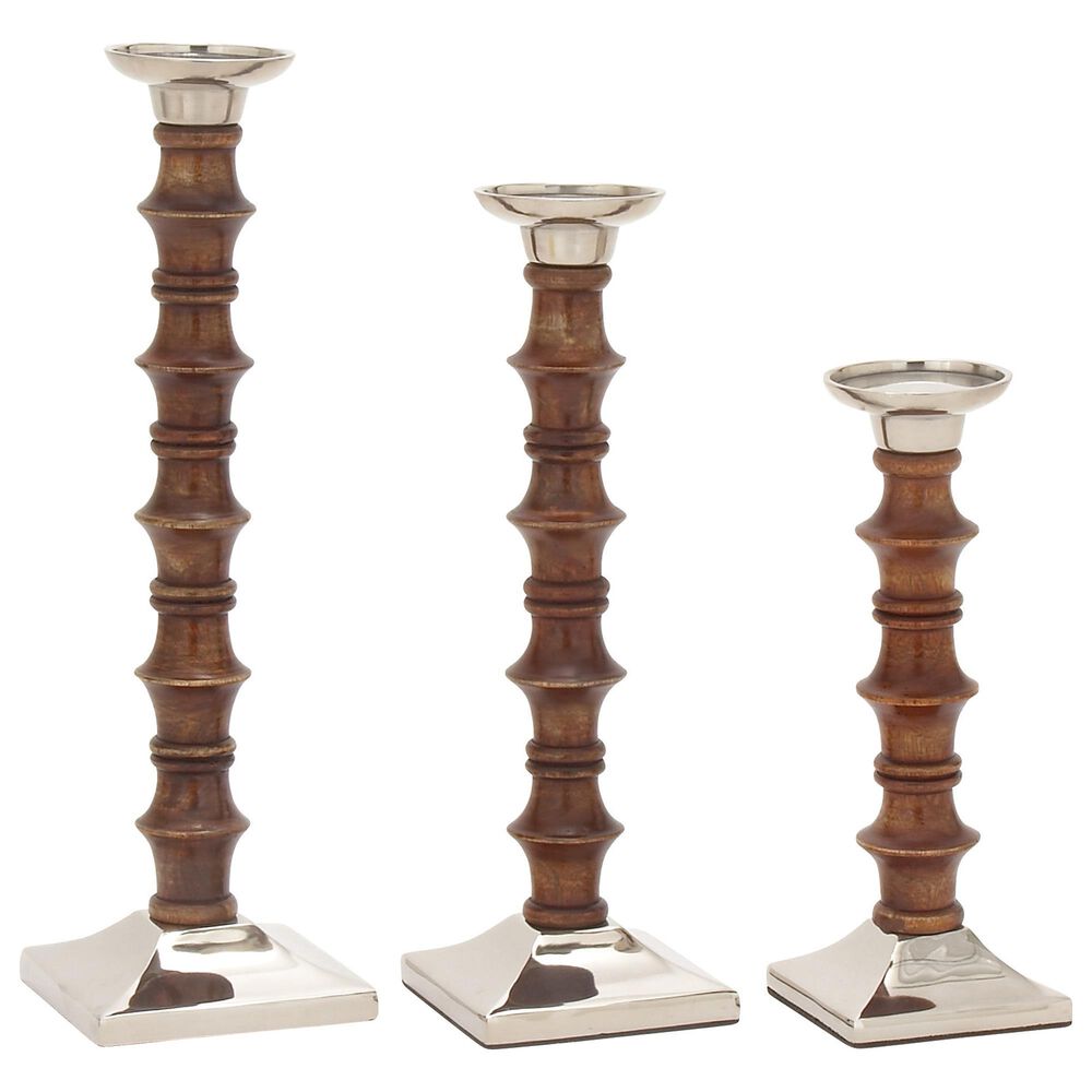 Maple and Jade Mango Wood Candle Holder in Brown and Silver (Set of 3), , large