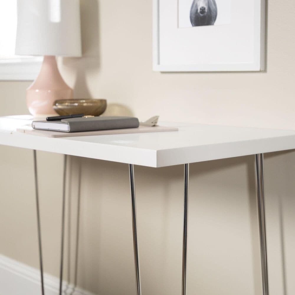 Walker Edison Hairpin 42&quot; Writing Desk in Chrome and White, , large