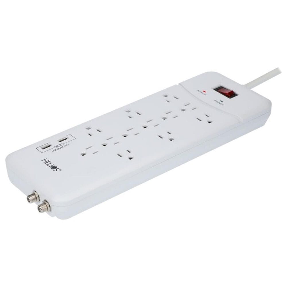 Helios 12-Outlet Surge Protector with 2 USB Charging Ports in White, , large