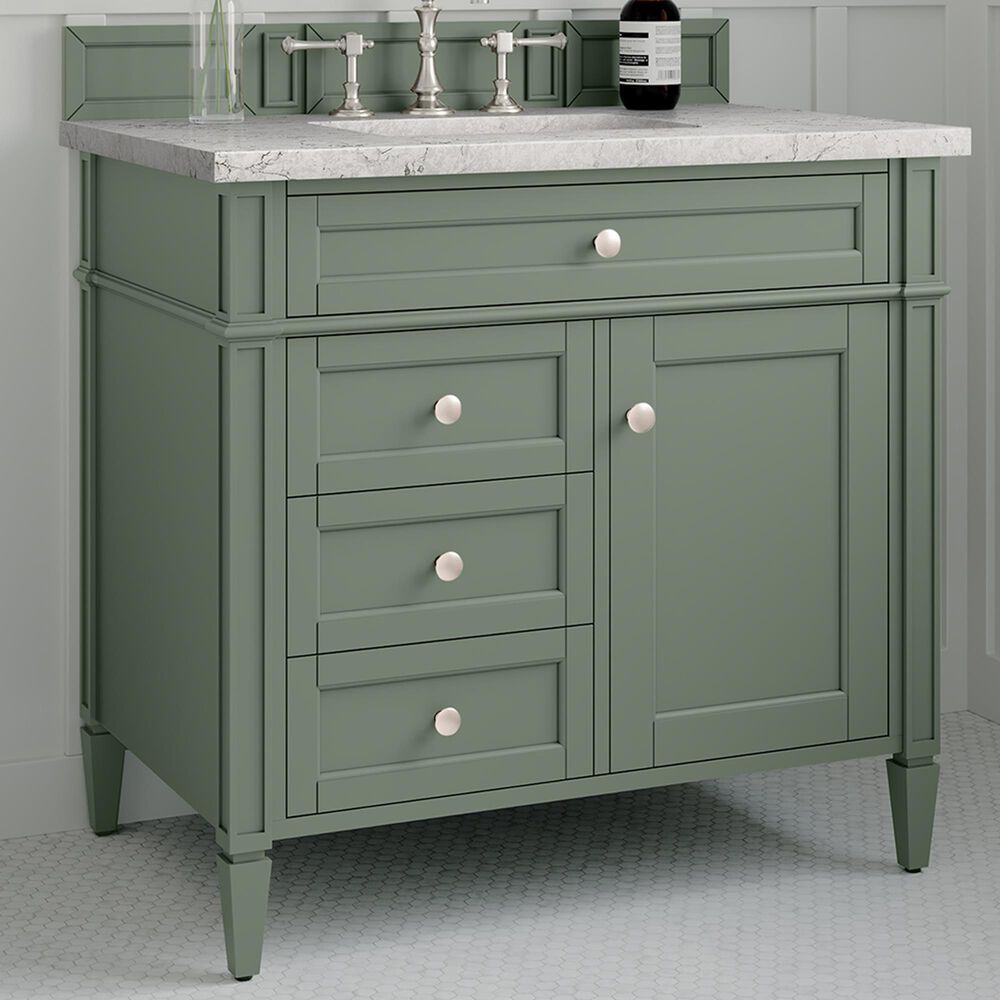 James Martin Vanities Brittany 36" Single Bathroom Vanity in Smokey Celadon with 3 cm Eternal Jasmine Pearl Quartz Top and Rectangular Sink, , large