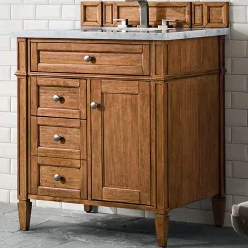 James Martin Vanities Brittany 30" Single Bathroom Vanity in Saddle Brown with 3 cm Carrara White Marble Top and Rectangle Sink, , large