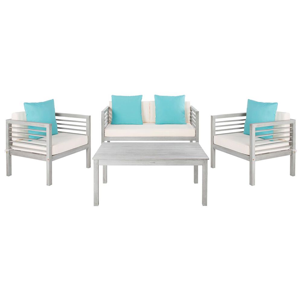 Safavieh Alda 4-Piece Outdoor Set with Accent Pillows in Grey Wash, White, Light Blue, , large