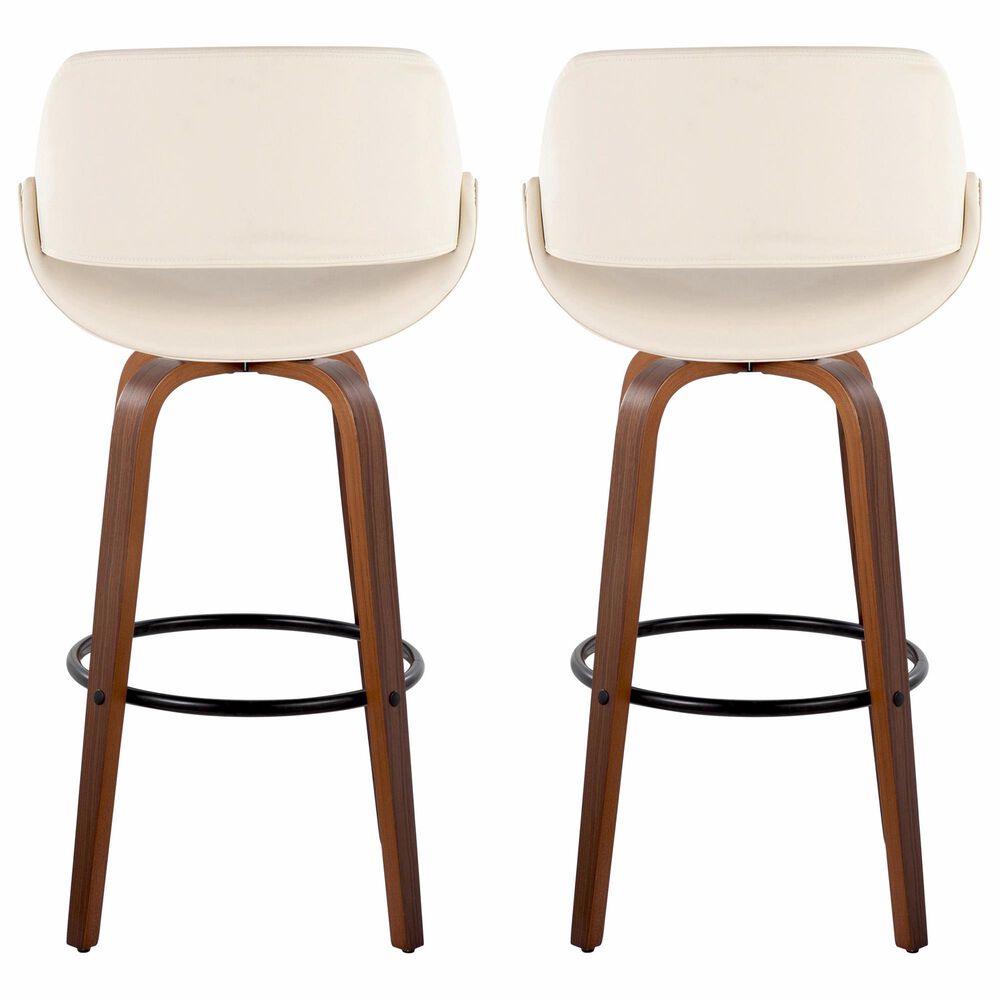 LumiSource Fabrico 30" Swivel Fixed-Height Bar Stool with Cream Faux Leather Upholstery in Black and Walnut (Set of 2), , large