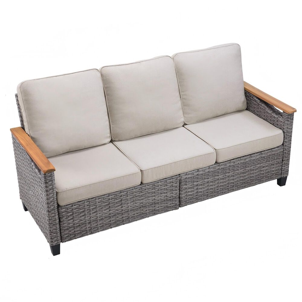 Sunwell Garden 32"H 3-Seater Outdoor Sofa with Acacia Wood Armrests and Beige Cushions in Gray, , large
