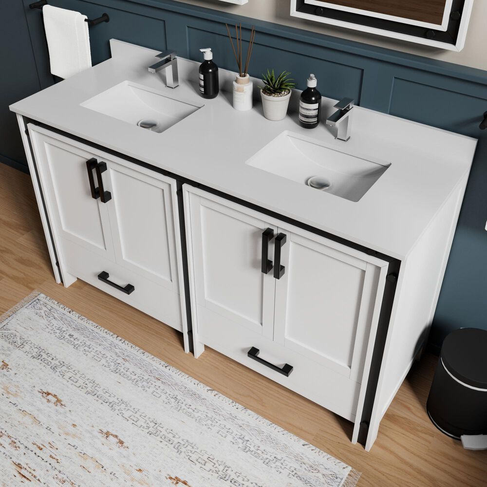 Lexora Home Ziva 60" Double Bathroom Vanity in White with 2 cm White Quartz Top and Rectangular Sinks, , large