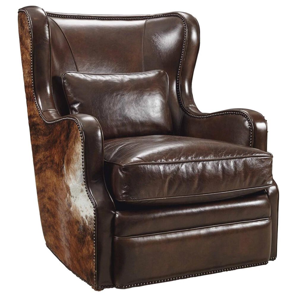 Hooker Furniture Wellington Leather Swivel Club Chair in Coffee and Brindle, , large