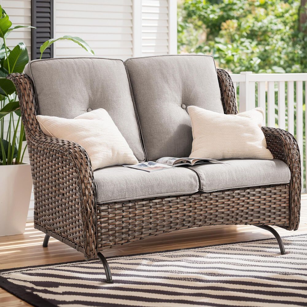 Sunwell Garden Outdoor Glider Loveseat with Brown Rattan in Beige, , large