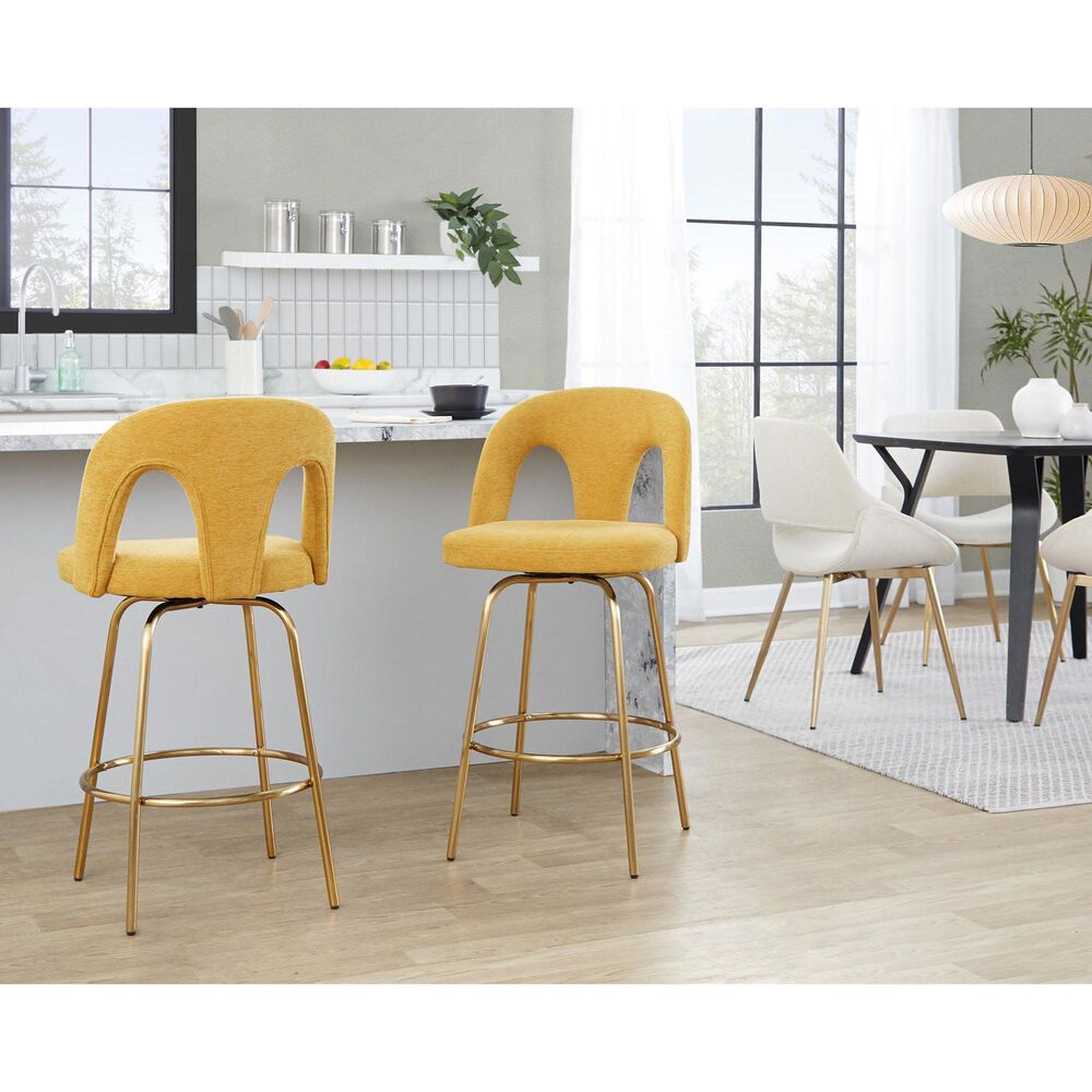 LumiSource Ava Swivel Counter Stool with Yellow Fabric Upholstery in Gold (Set of 2), , large