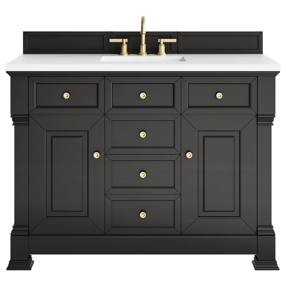 James Martin Vanities Brookfield 48" Single Bathroom Vanity in Black Onyx with 3 cm White Zeus Quartz Top and Rectangular Sink, , large