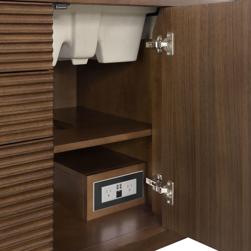 James Martin Vanities Myrrin 48" Single Bathroom Vanity in Mid-Century Walnut with 3 cm Eternal Jasmine Pearl Silestone Top, Rectangular Sink and FreePower Wireless Charger, , large