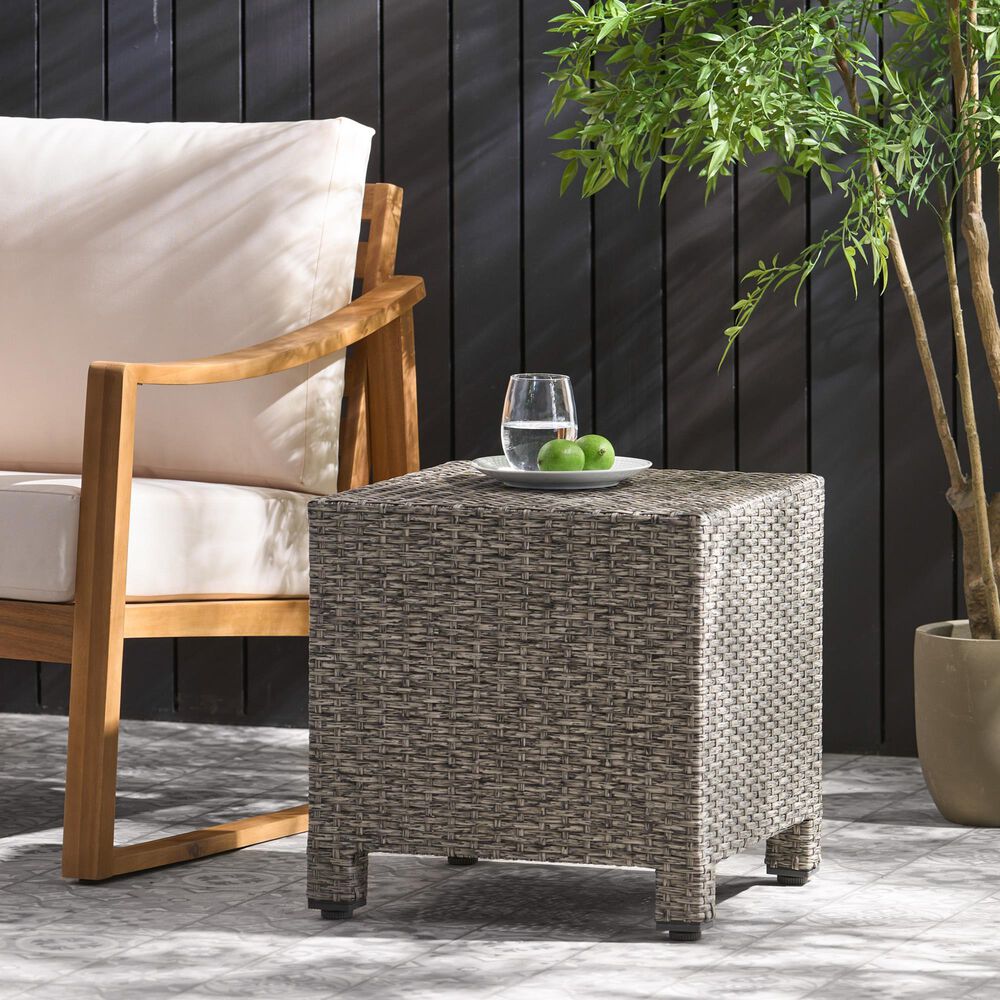 Hearth and Haven Puerta Outdoor Cube Wicker Side Table with Iron Frame in Black, , large