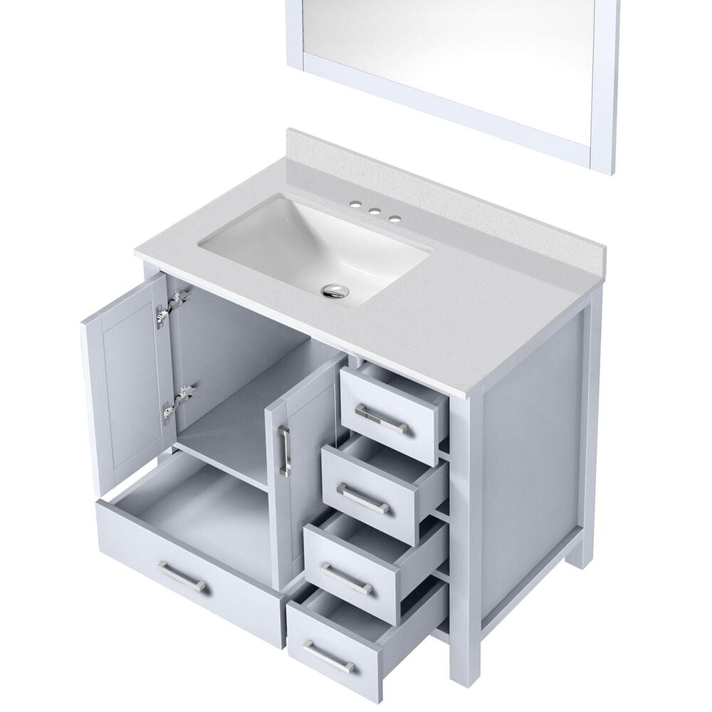 Lexora Home Jacques 36&quot; Left Offset Single Bathroom Vanity in Dark Grey with 2 cm White Quartz Top, Rectangular Sink and 34&quot; Mirror, , large