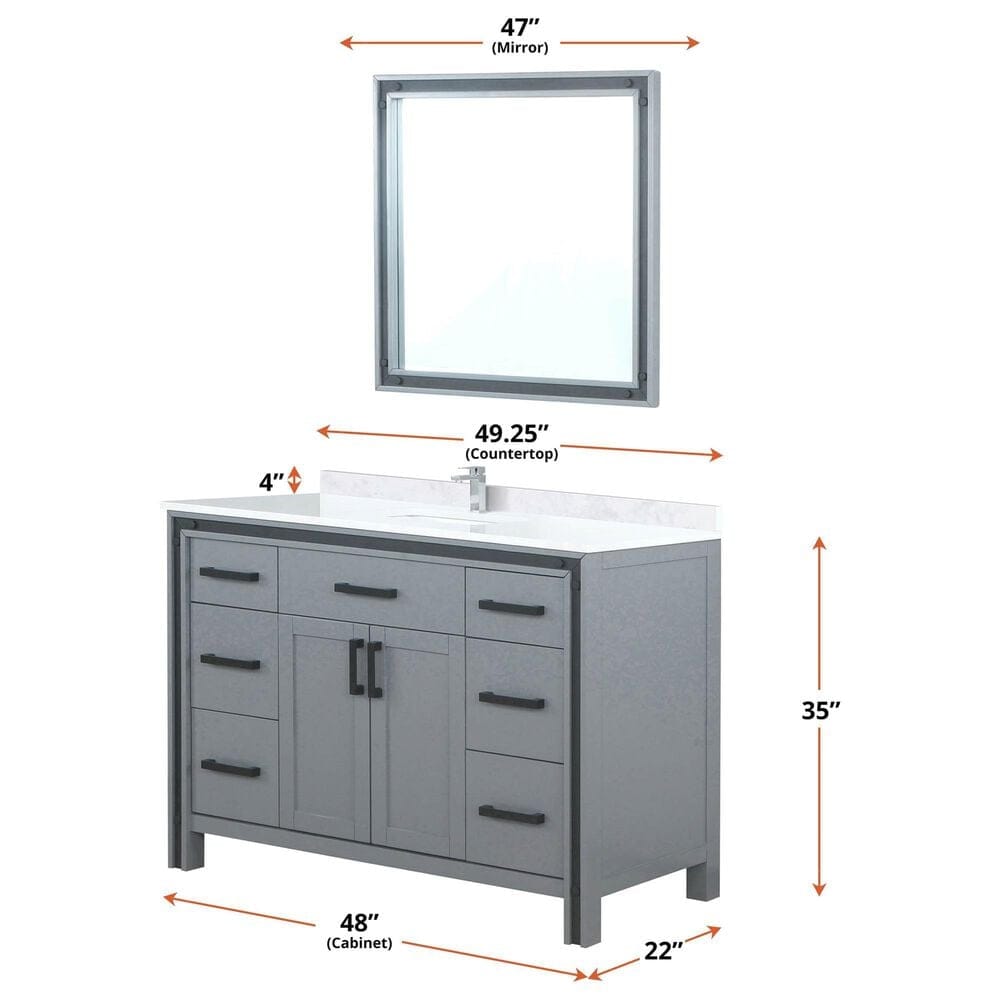 Lexora Home Ziva 48&quot; Single Bathroom Vanity in Dark Grey with 2 cm White Quartz Top and Rectangular Sink, , large
