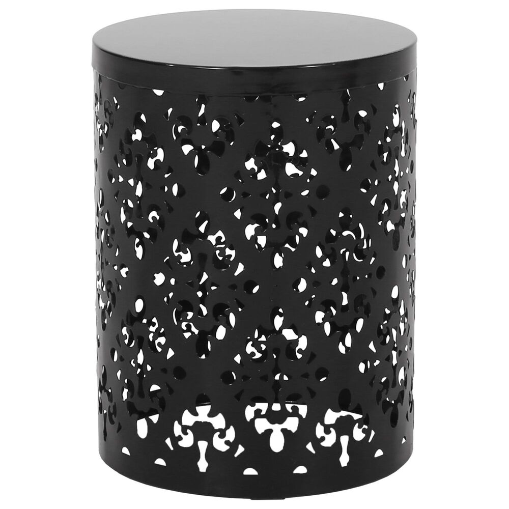 Hearth and Haven Large Iron Patio End Table with Floral Pattern in Black, , large