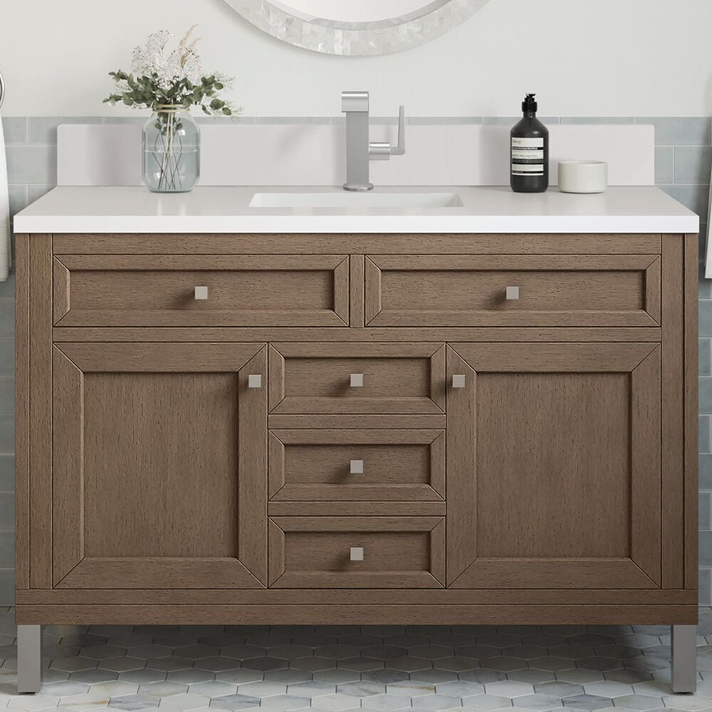 James Martin Vanities Chicago 48&quot; Single Bathroom Vanity in Whitewashed Walnut with Single Hole 3 cm White Zeus Quartz Top and Rectangular Sink, , large