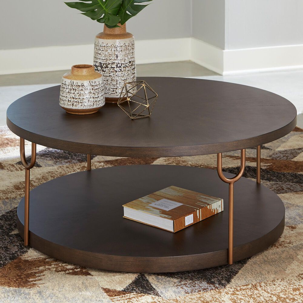 Signature Design by Ashley Brazburn Round Cocktail Table in Dark Brown and Gold, , large