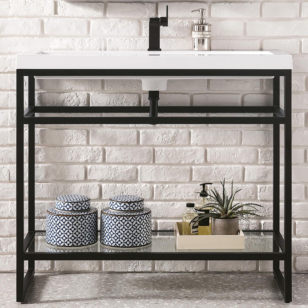 James Martin Vanities Boston 39.5&quot; Single Bathroom Vanity in Matte Black with 3 cm White Glossy Resin Countertop and Rectangular Sink, , large