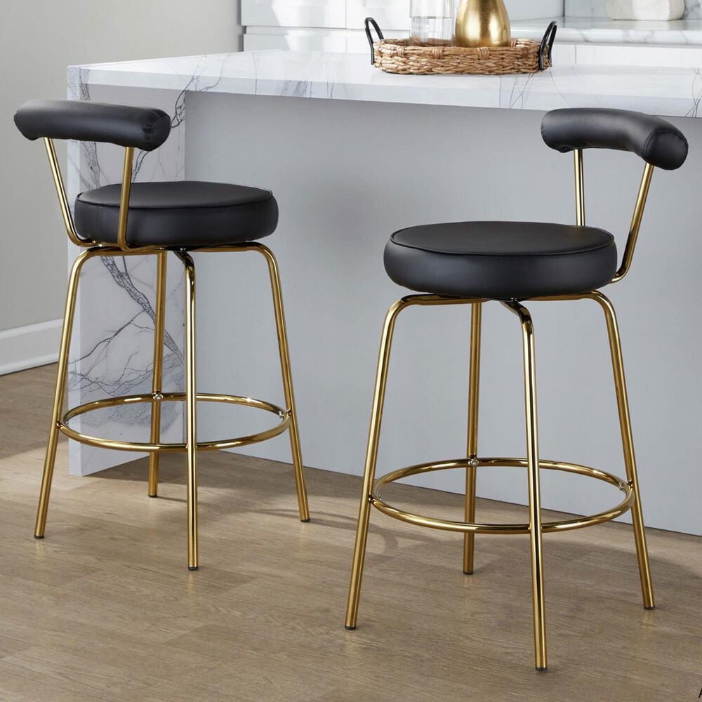 Lumisource Rhonda Swivel Counter Stool with Black Cushion in Gold &#40;Set of 2&#41;, , large