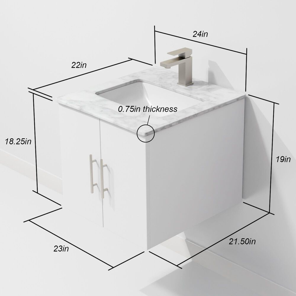 Lexora Home Geneva 24" Single Bathroom Vanity in Glossy White with 2 cm White Carrara Marble Top and Rectangular Sink, , large