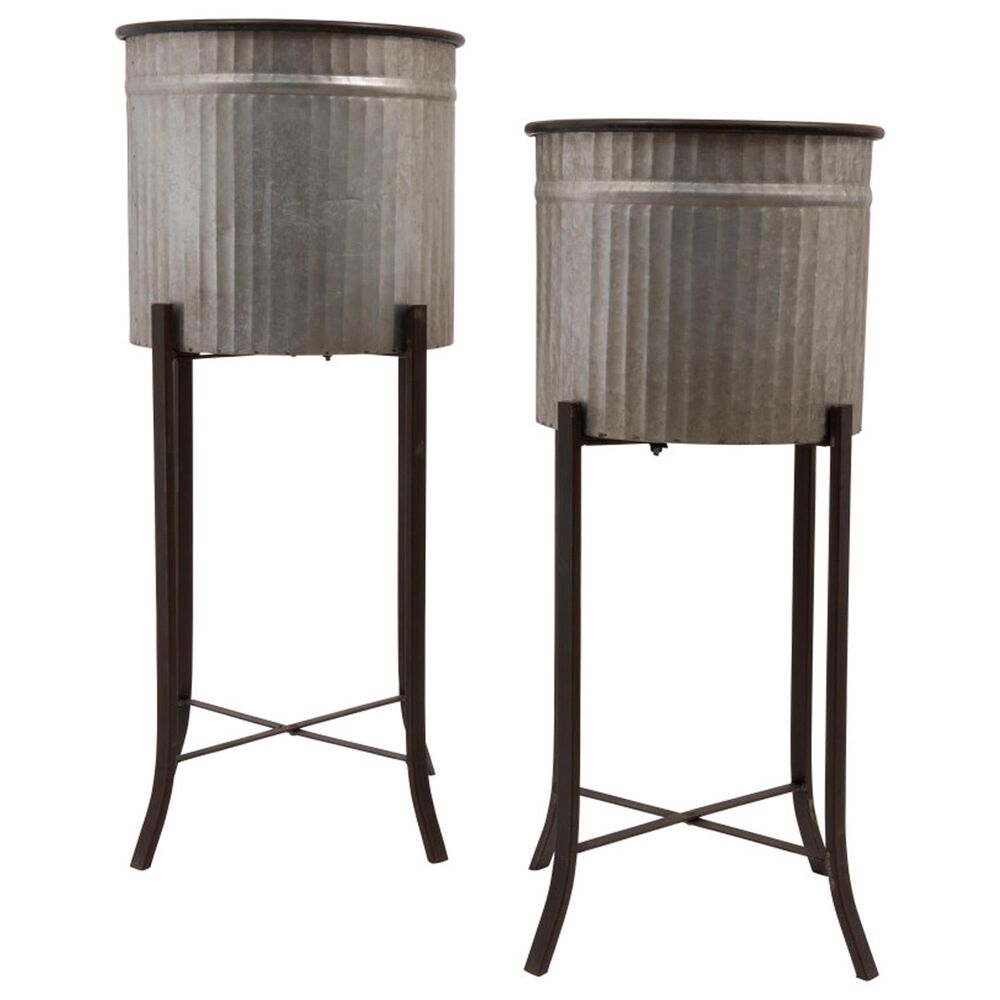 Creative Coop 2-Piece Round Corrugated Metal Planter on Stand Set in Silver and Black, , large