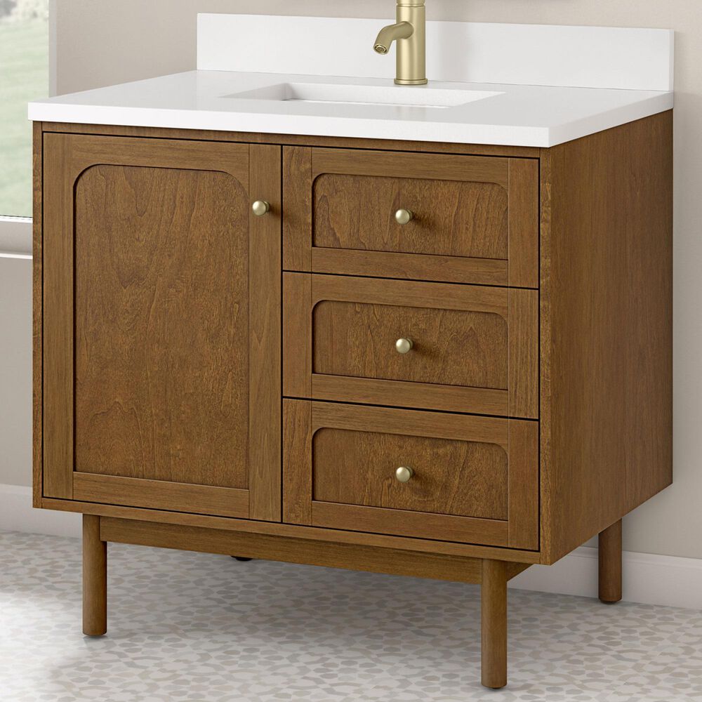 James Martin Laurent 36" Single Bathroom Vanity in Honey Oak with Single Hole 3 cm White Zeus Silestone Top and Rectangular Sink, , large