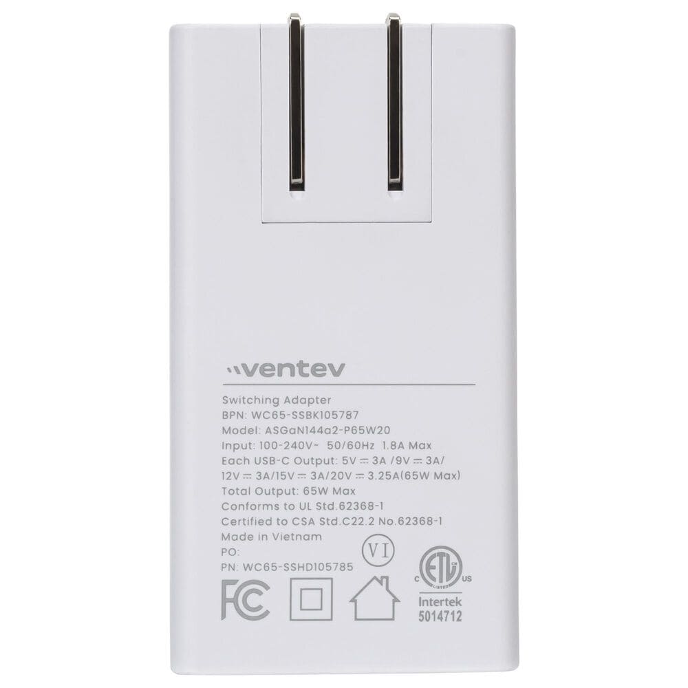 Ventev 65W Dual USB-C Slim Wall Charger in White, , large