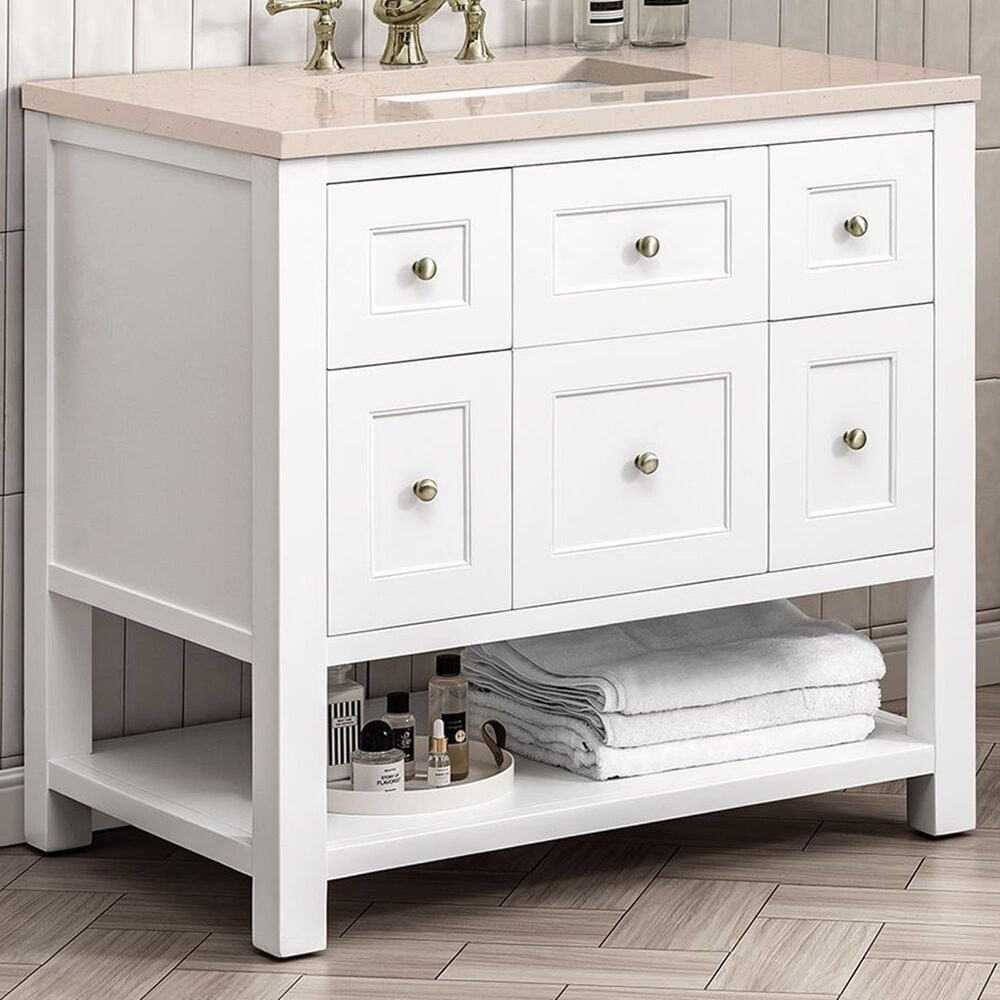 James Martin Vanities Breckenridge 36" Single Bathroom Vanity in Bright White with 3 cm Eternal Marfil Quartz Top and Rectangular Sink, , large