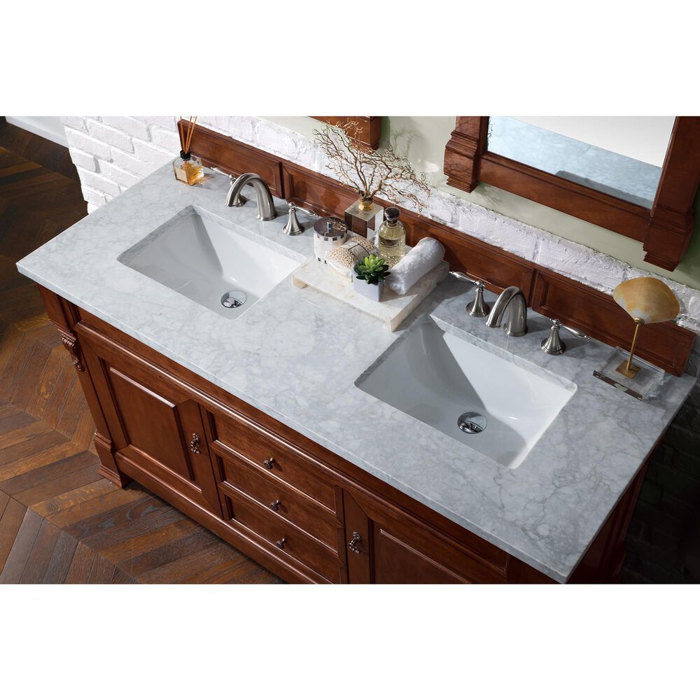 James Martin Vanities Brookfield 60&quot; Double Bathroom Vanity in Warm Cherry with 3 cm Carrara White Marble Top and Rectangle Sink, , large