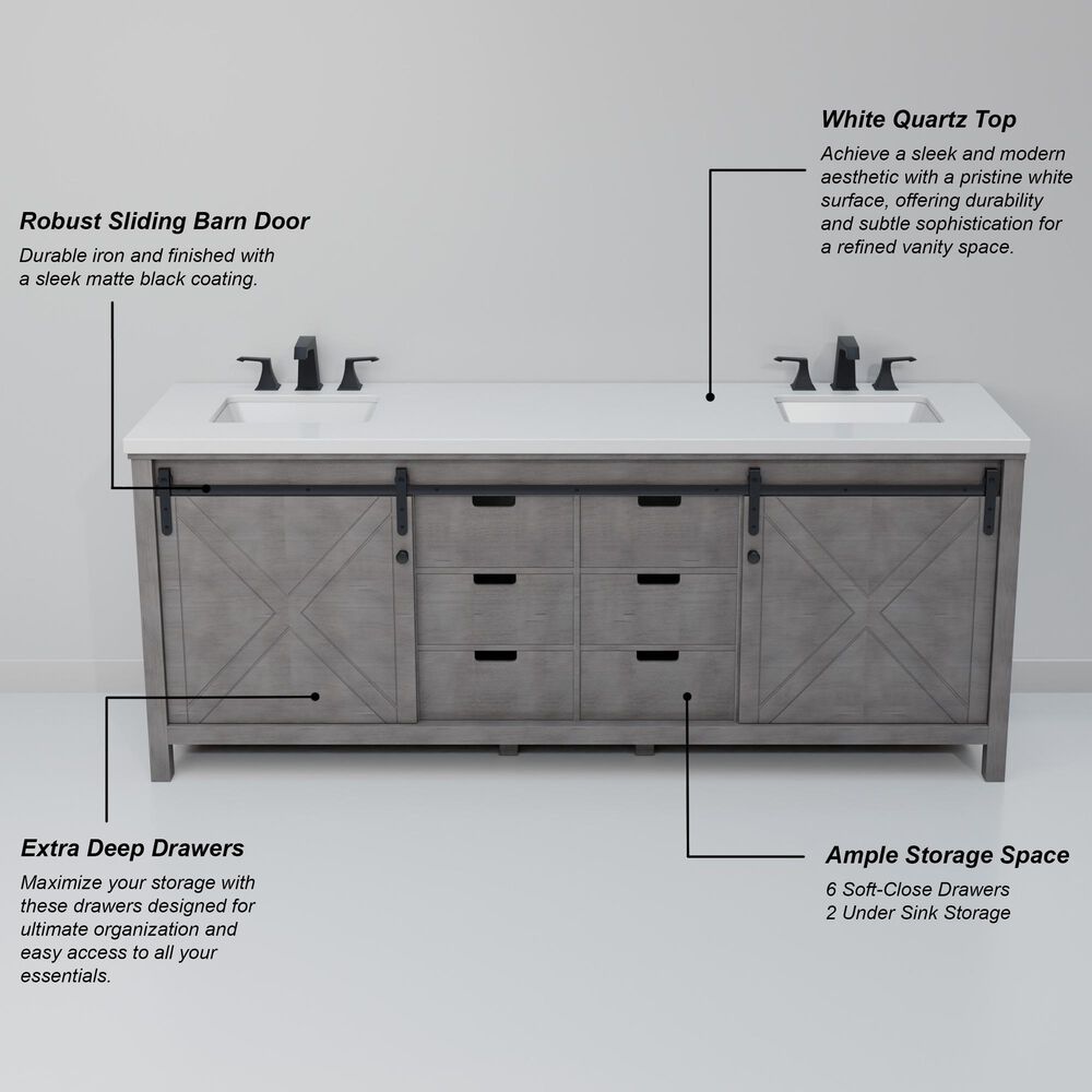 Lexora Home Marsyas 84&quot; Double Bathroom Vanity in Ash Grey with White Quartz Top and Rectangular Sinks, , large