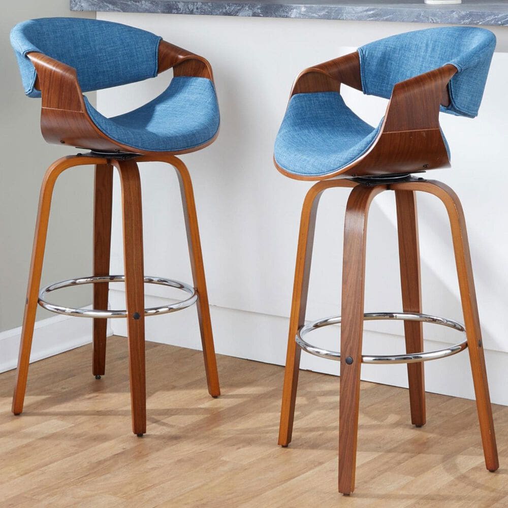 LumiSource Curvini 30" Swivel Barstool with Blue Upholstery in Walnut and Chrome (Set of 2), , large