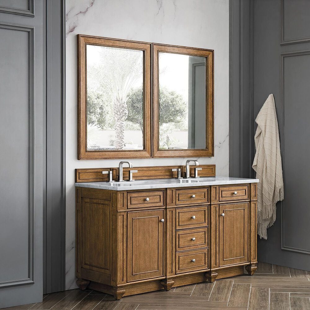 James Martin Vanities Bristol 60&quot; Double Bathroom Vanity in Saddle Brown with 3 cm Eternal Jasmine Pearl Quartz Top and Rectangular Sinks, , large