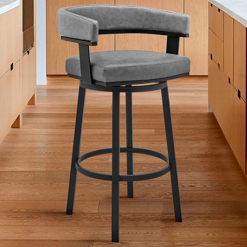 Armen Living Lorin 30" Swivel Bar Stool with Gray Cushion in Matte Black, , large