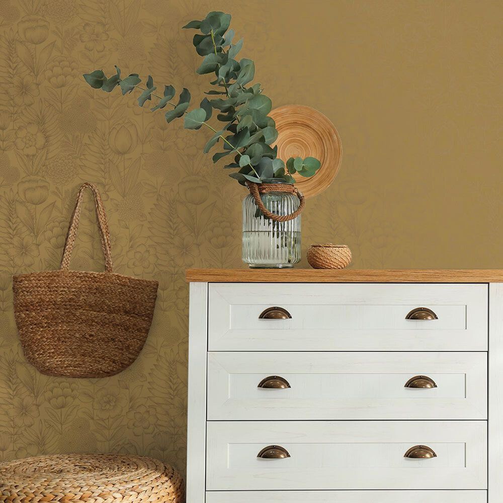Tempaper Homestead Floral 198&quot; x 20.5&quot; Peel and Stick Wallpaper in Metallic Marigold, , large