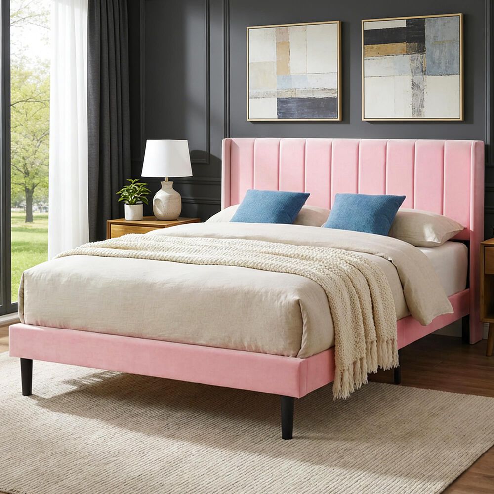 HOMLUX Queen Upholstered Platform Bed Frame with Velvet Headboard in Pink, , large