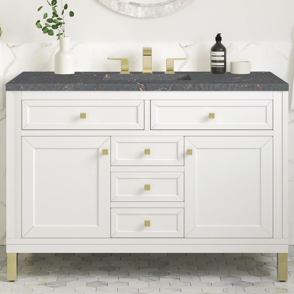 James Martin Vanities Chicago 48&quot; Single Bathroom Vanity in Glossy White with 3 cm Parisien Bleu Quartz Top and Rectangular Sink, , large
