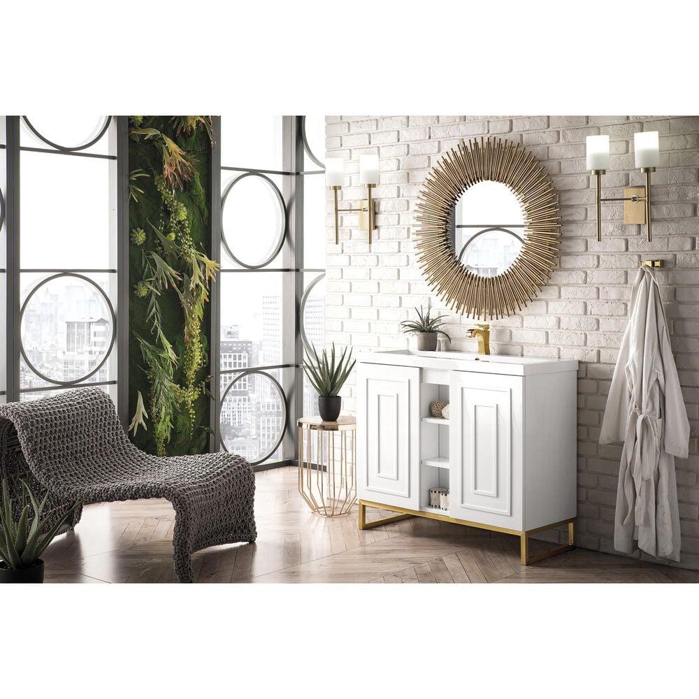James Martin Vanities Alicante 39.5&quot; Single Bathroom Vanity in Glossy White and Radiant Gold with 5 cm White Glossy Resin Top and Rectangular Sink, , large