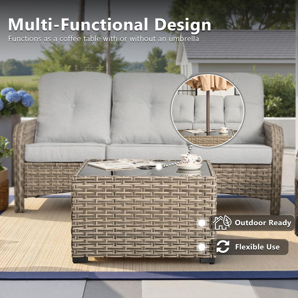 HOMLUX Outdoor Wicker Square Coffee Table with Umbrella Hole in Brown, , large