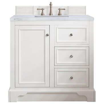 James Martin Vanities De Soto 36" Single Bathroom Vanity in Bright White with 3 cm Carrara White Marble Top and Rectangular Sink, , large