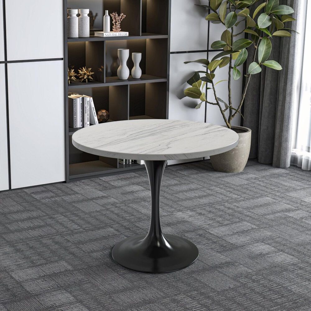 Leisuremod LeisureMod Verve Collection 36 Round Dining Table, Black Base with Laminated White Marbleized Top, , large
