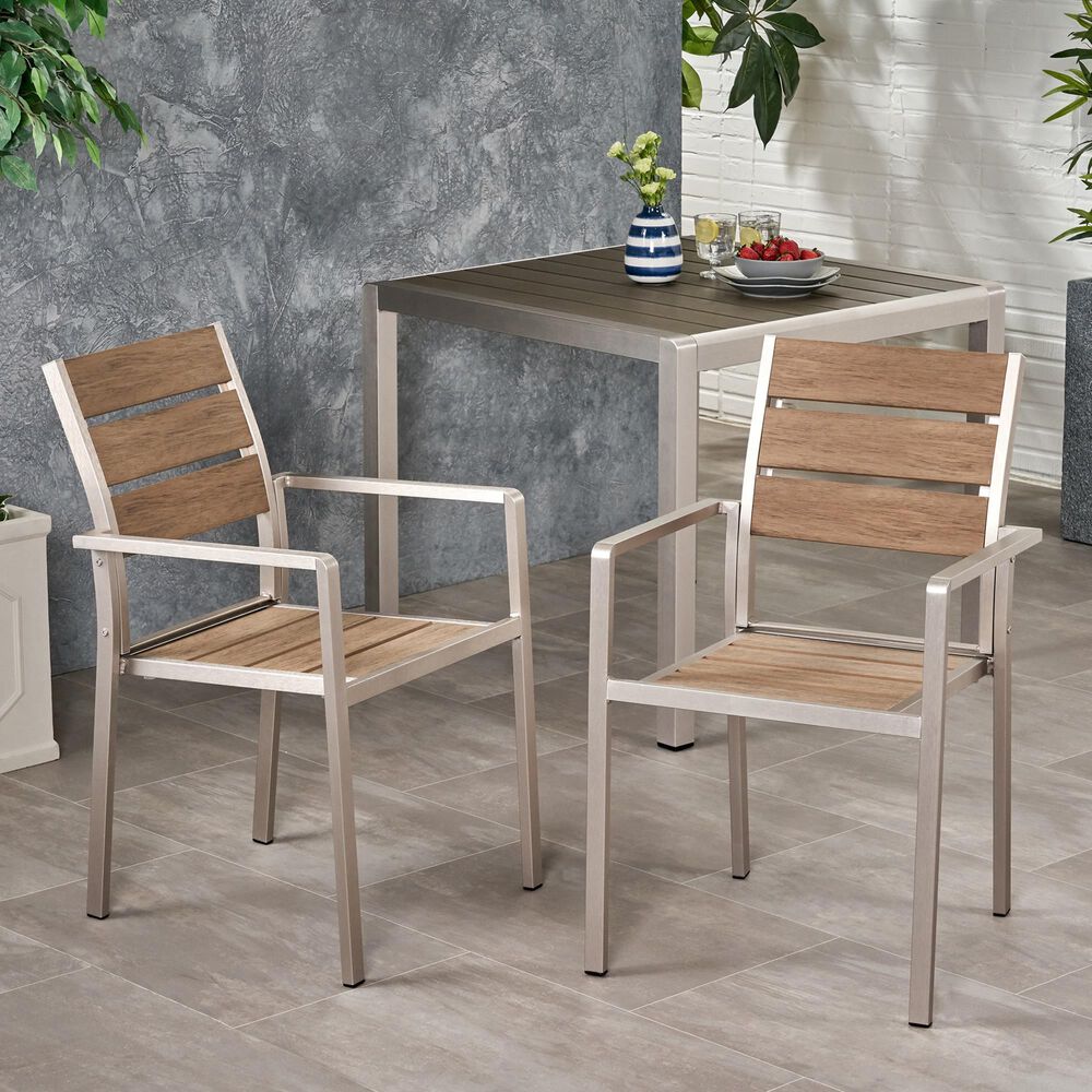 Hearth and Haven Outdoor Dining Chair with Faux Wood Seat in Natural and Silver &#40;Set of 2&#41;, , large
