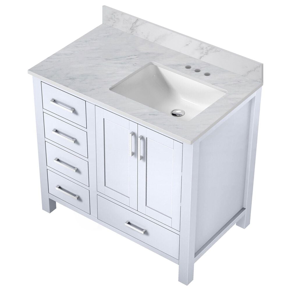 Lexora Home Jacques 36&quot; Right Offset Single Bathroom Vanity in White with 2 cm White Carrara Marble Top and Rectangular Sink, , large