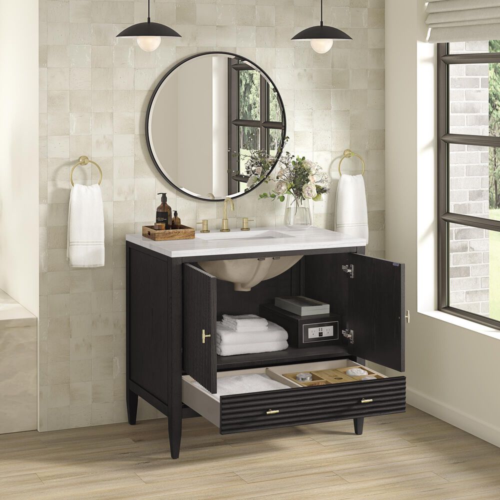 James Martin Vanities Myrrin 36&quot; Vanity in Carbon Oak with 3 cm Arctic Fall Solid Surface Top, , large
