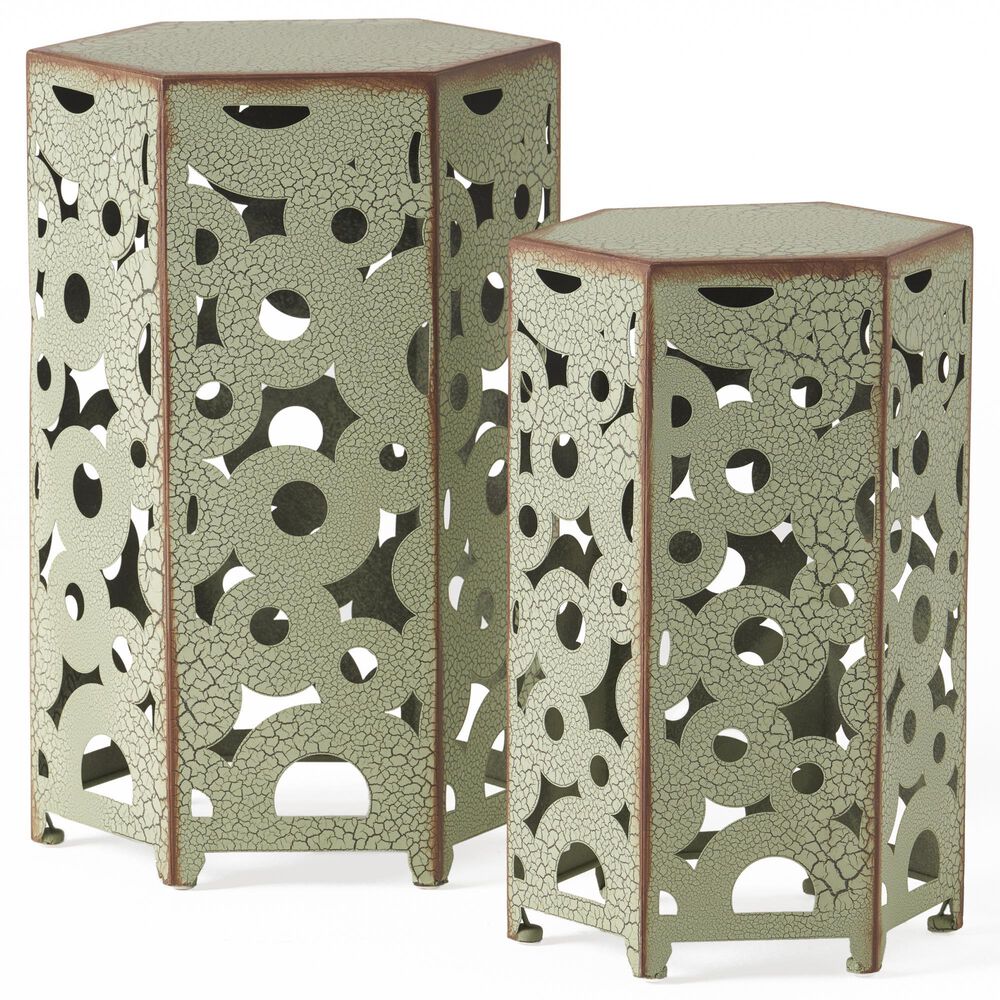 Hearth and Haven Selva 2-Piece Outdoor Hexagon Metal Side Table Set in Antique Green, , large