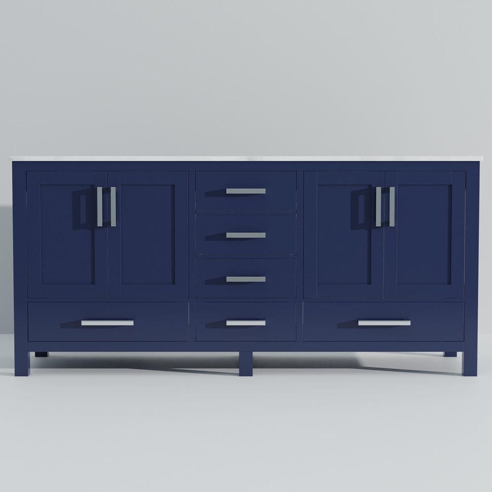 Lexora Home Jacques 72&quot; Double Bathroom Vanity in Navy Blue with 2 cm White Carrara Marble Top and Rectangular Sinks, , large