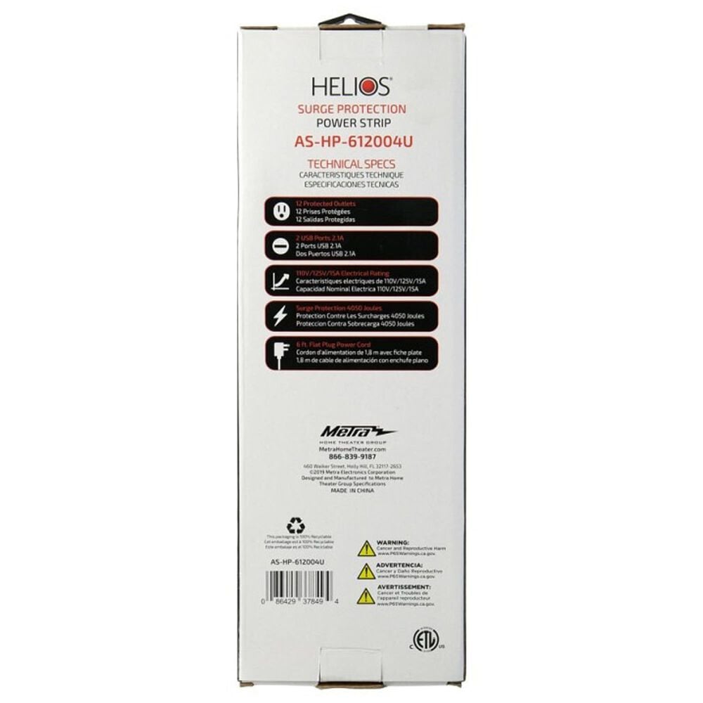 Helios 12-Outlet Surge Protector with 2 USB Charging Ports in White, , large
