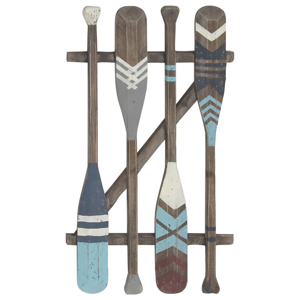 Maple and Jade 36" x 21" Coastal Paddles Wall Decor in Distressed Brown, Gray, Red, White and Blue, , large