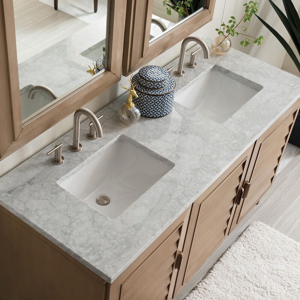 James Martin Vanities Portland 60&quot; Double Bathroom Vanity in Whitewashed Walnut with 3 cm Carrara White Marble Top and Rectangular Sinks, , large