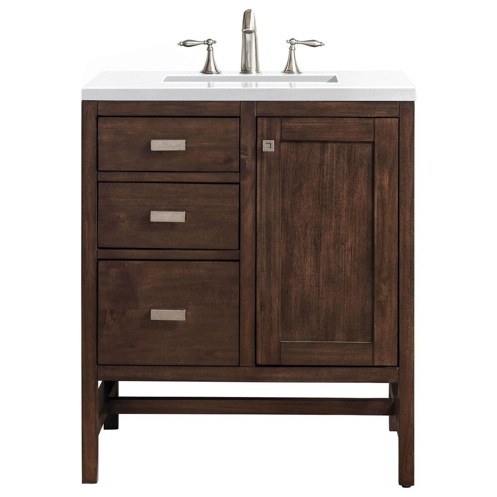James Martin Vanities Addison 30" Single Vanity Cabinet in Mid Century Acacia with 3 cm White Zeus Quartz Top and Rectangular Sink, , large